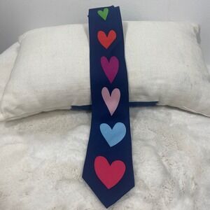 Gene Meyer Early 90's Silk Tie Navy Blue Multicolor Hearts Novelty Necktie